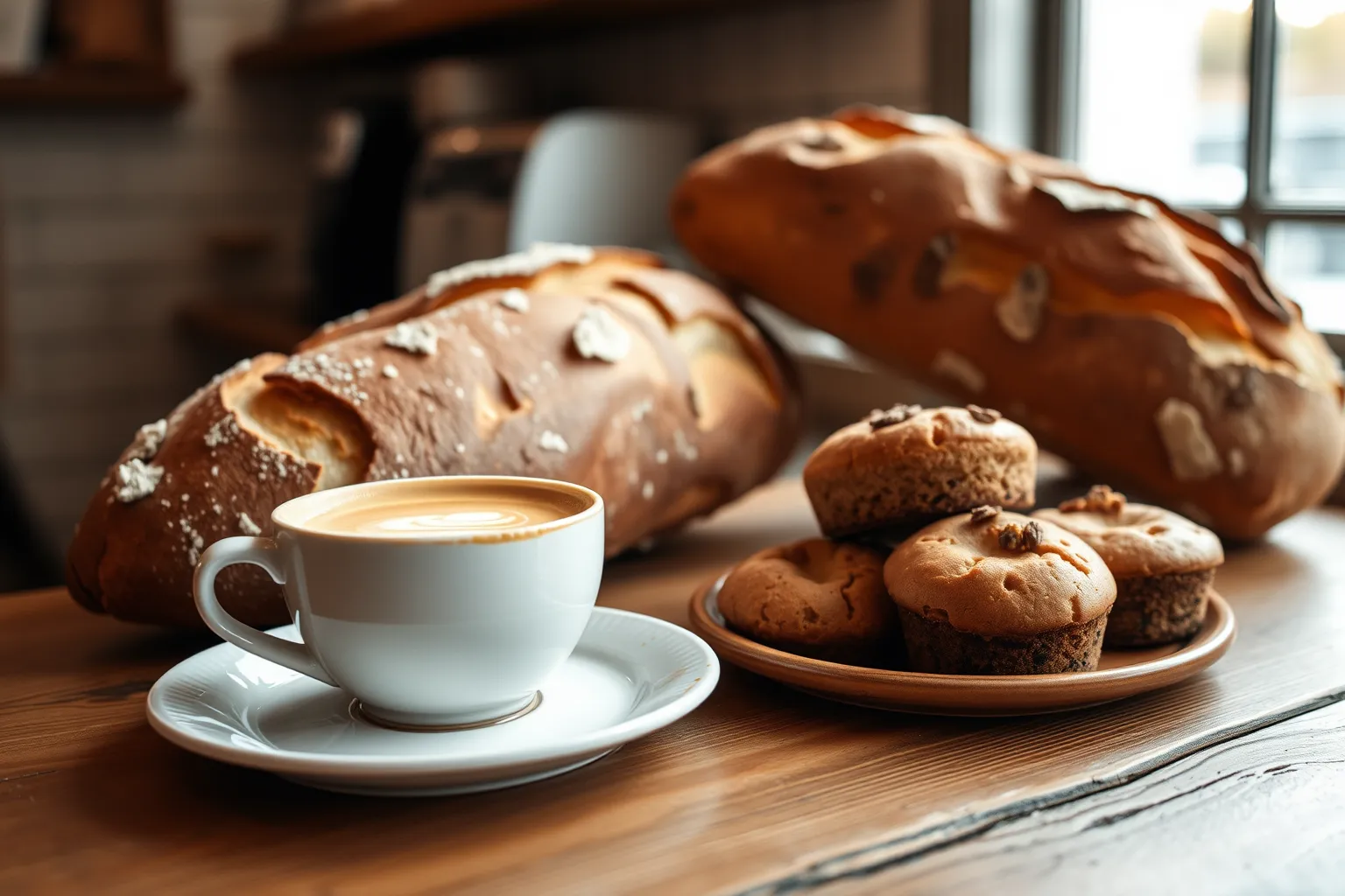 Sourdough loaves, a flat white and Welsh cakes on the café counter in morning light