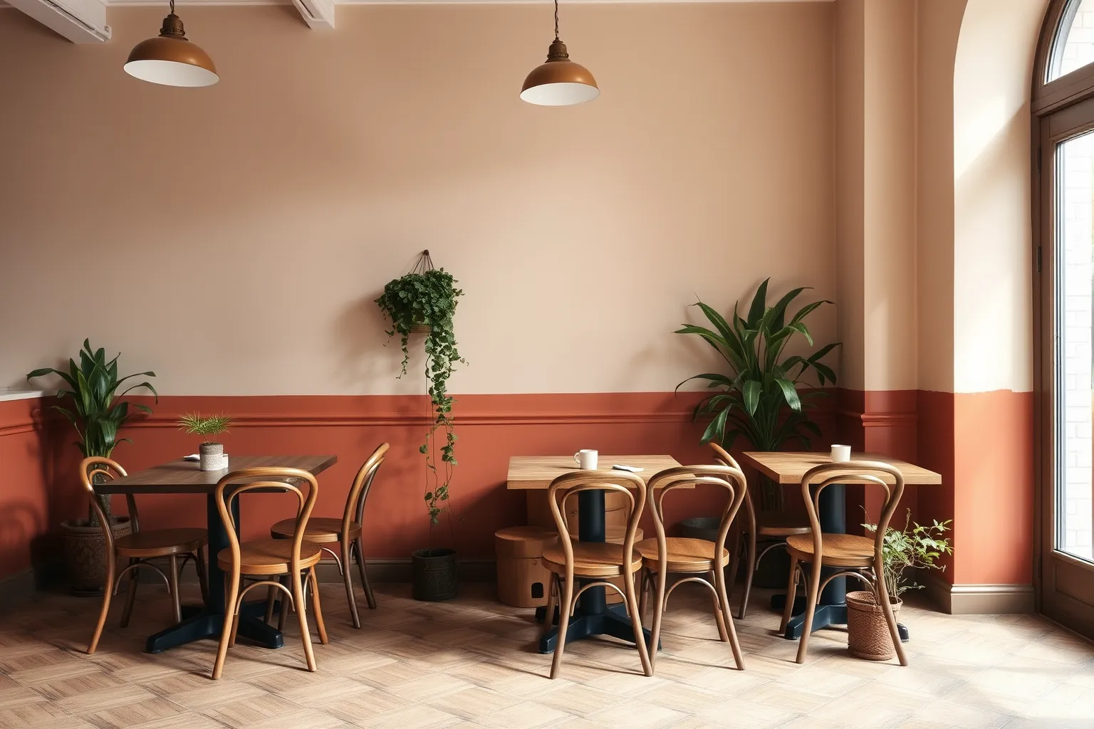 The café’s window seats, bentwood chairs and trailing plants
